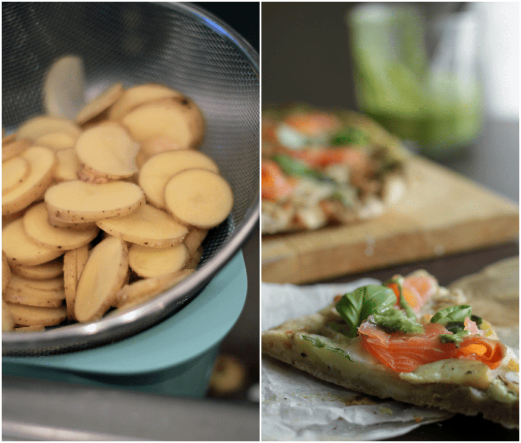 Pizza med kartofler, grøn pesto og laks - opskrift på hjemmelavet pizza 