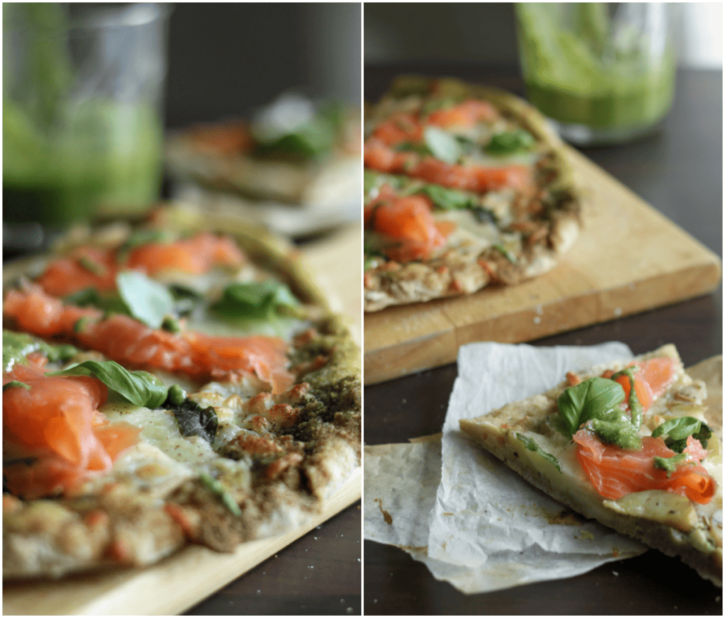 Pizza med kartofler, grøn pesto og laks - opskrift på hjemmelavet pizza 